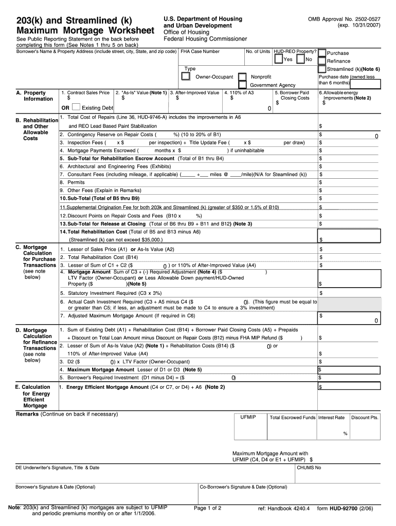  Hud Form 92700 Online 2006