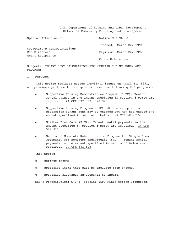 CPD 96 03 Tenant Rent Calculations for Certain HUD McKinney Act Programs Hud  Form