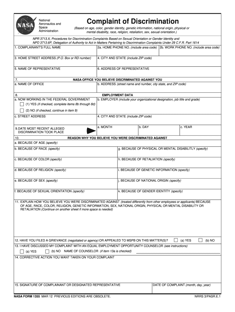 Complaint of Discrimination Form 1355 Nasa