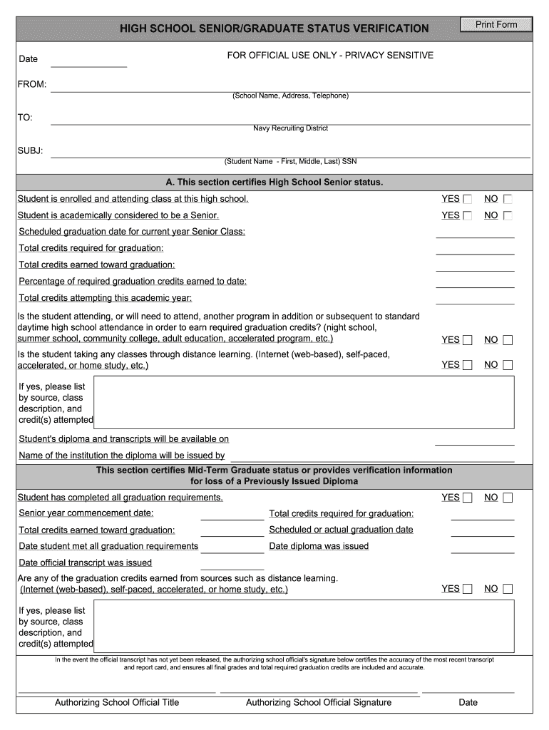 High School Senior Graduate Status Verification  Form