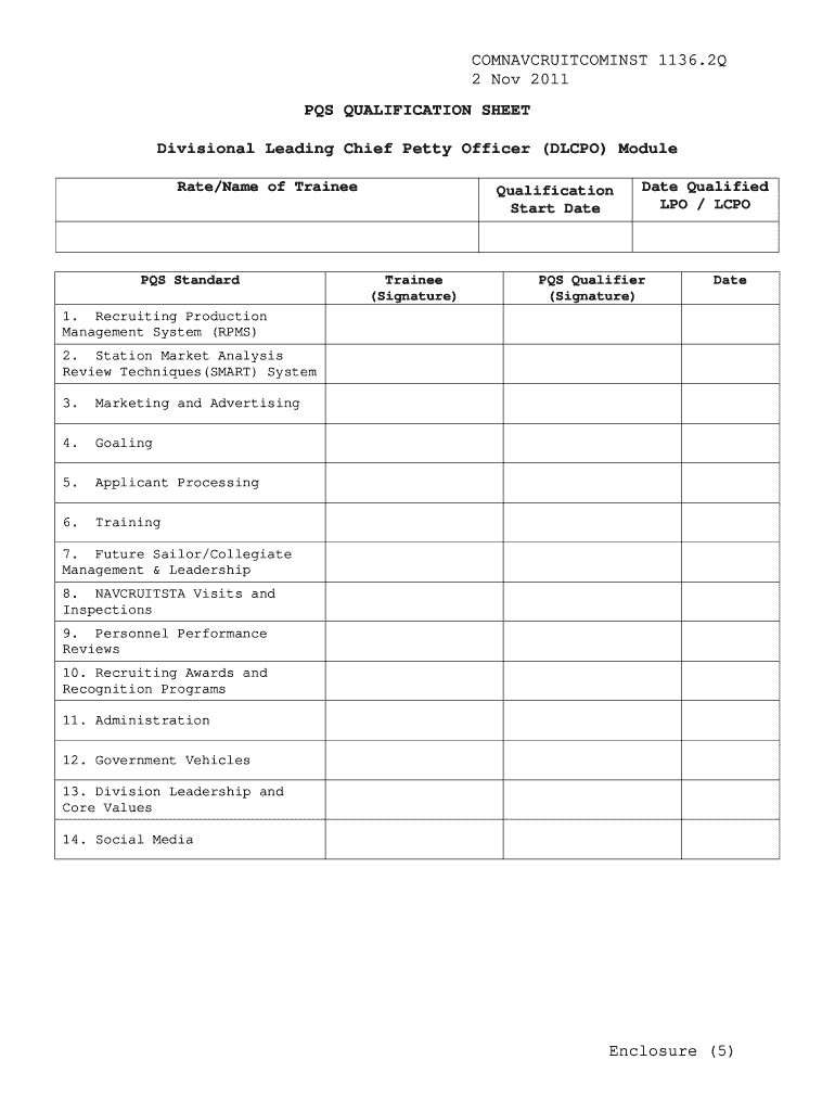  PQS QUALIFICATION SHEET  Navy Recruiting Command  Cnrc Navy 2011-2024