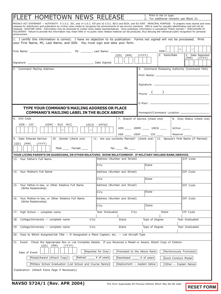 Fleet Hometown News Release Form