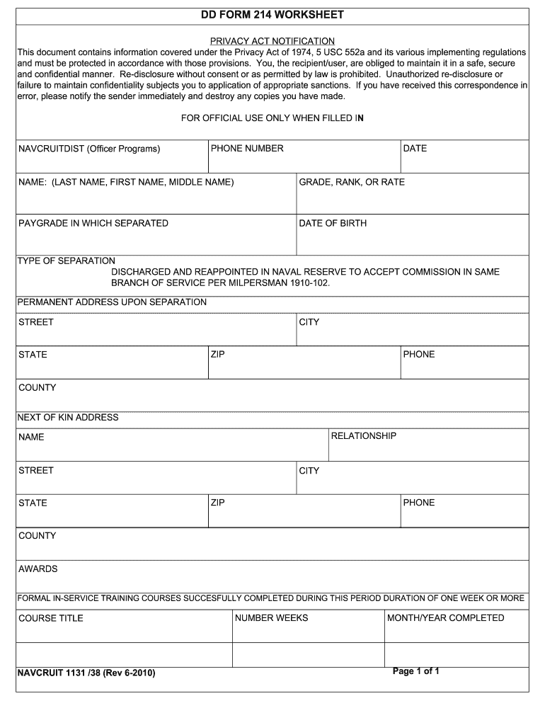  Dd214 Worksheet 2010-2024