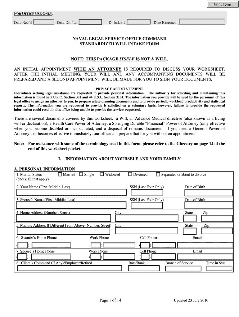 Navy Legal Will Worksheet  Form