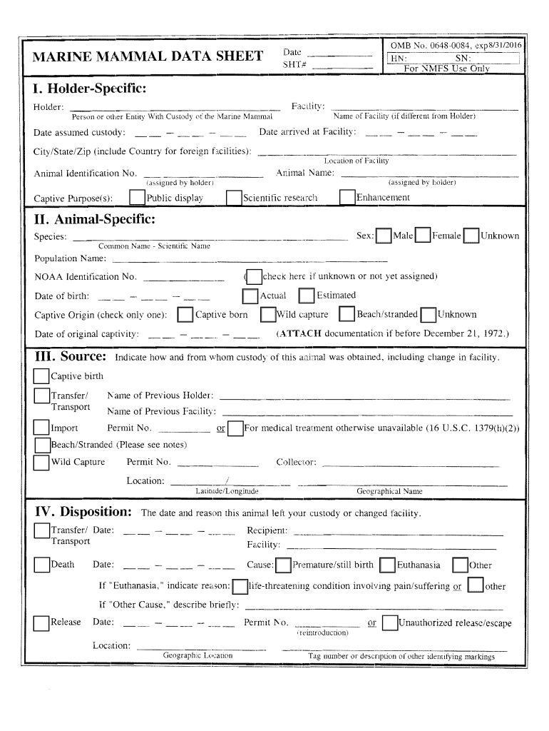 Marine Mammal Data Sheet Form  National Marine Fisheries