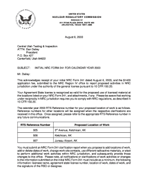 Central Utah Testing &amp; Inspection, Initial NRC Form 241 Letter for CY Pbadupws Nrc