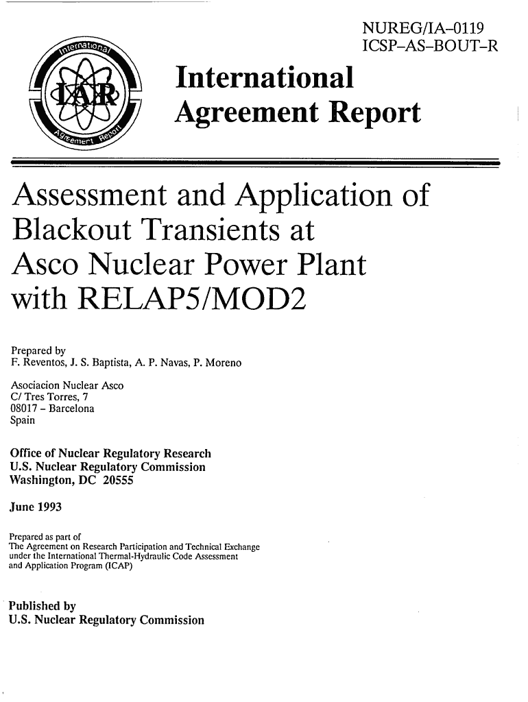NUREGIA 0119, &quot;International Agreement Report Assessment and Application of Blackout Transients at Asco Nuclear Power Plant  Form