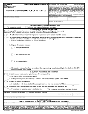 NRC Form 314, Certificate of Disposition of Materials