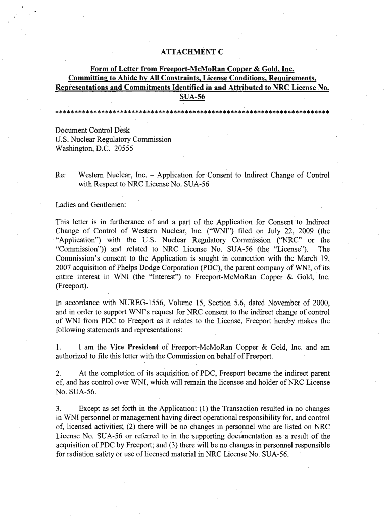 Form of Letter from Port McMoRan Copper &amp; Gold, Inc Committing to Abide by All Constraints and License Conditions Inc Re Pba