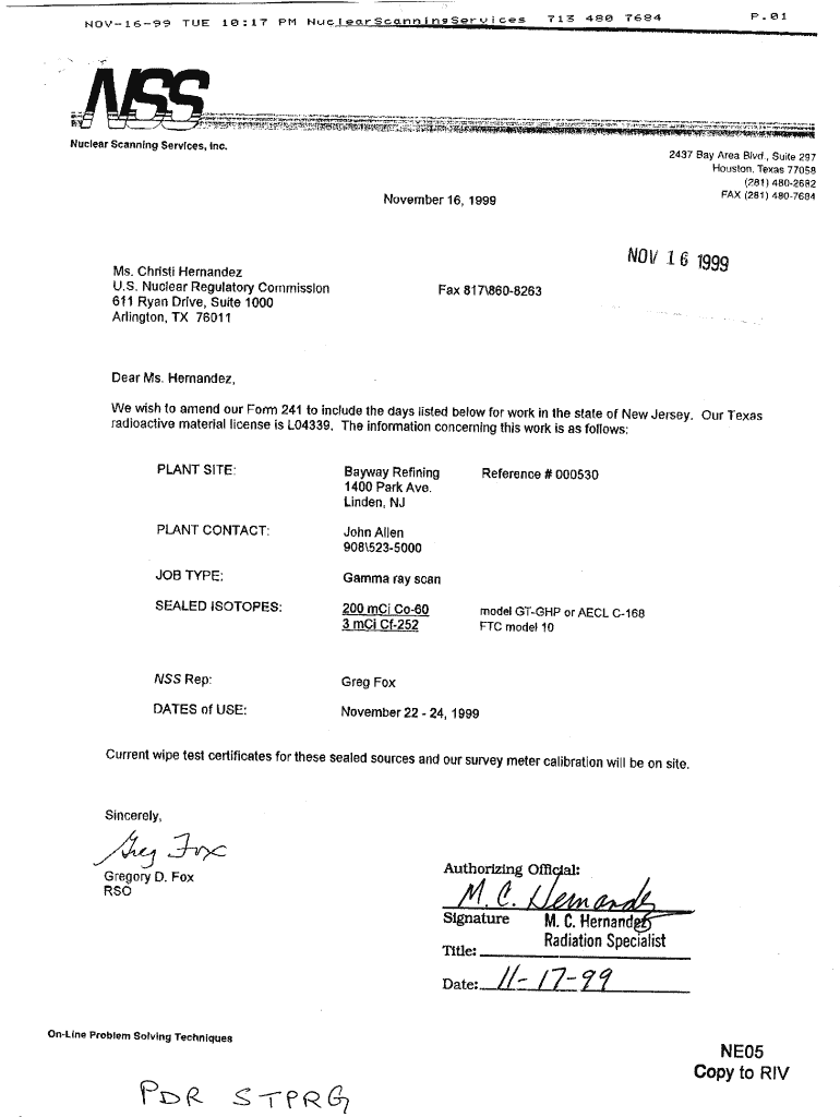 Request for Amend to Nuclear Scanning Services, Inc NSS Form 241 for Texas Radiation Material License L04339 Pbadupws Nrc