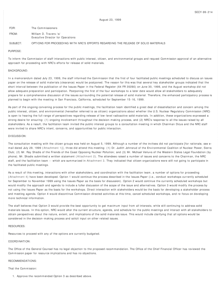 SECY 99 214 August 23, for the Commissioners NRC Nrc  Form