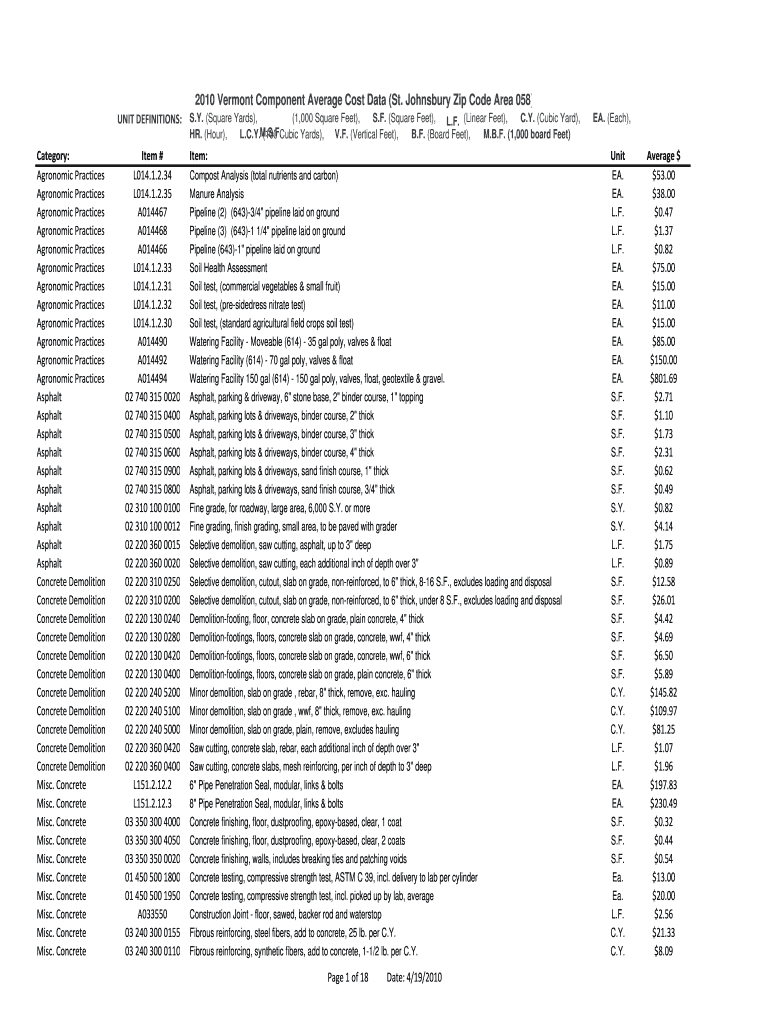 Vermont Component Average Cost Data St Efotg Nrcs Usda  Form