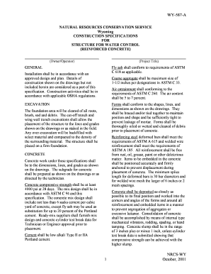 WY 587 a NATURAL RESOURCES CONSERVATION SERVICE Wyoming CONSTRUCTION SPECIFICATIONS for STRUCTURE for WATER CONTROL REINFORCED C  Form