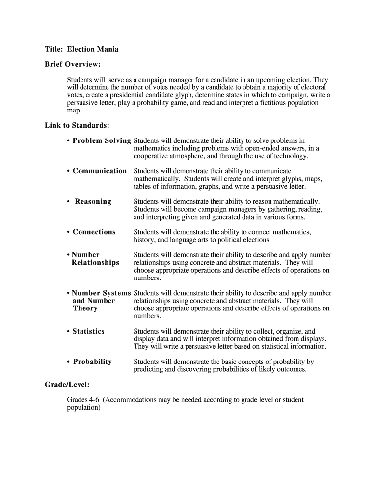 Title Election Mania Brief Overview Students Will Serve as a  Form