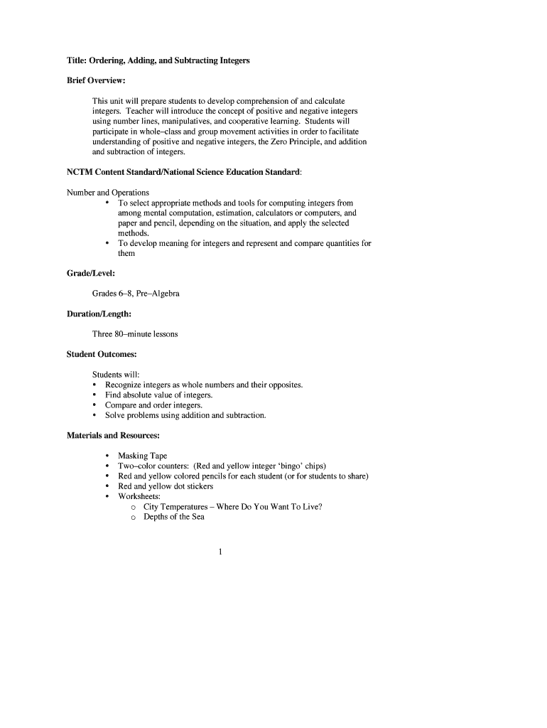 1 Title Ordering, Adding, and Subtracting Integers Brief Overview  Form