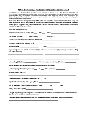 NSA No Break Employee Stokes Student Relocation Information Sheet Nsa