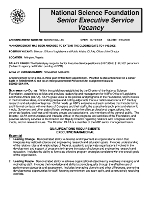 National Science Foundation Senior Executive Service Vacancy ANNOUNCEMENT NUMBER S20050139A LTD OPEN 0919 CLOSE 1110 *ANNOUNCEME  Form