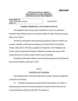 Civil Money Penalty 067 T Bank, National Association, Dallas, Texas  Form