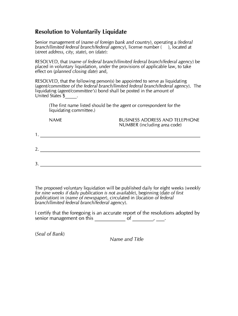 Resolution to Voluntarily Liquidate Occ  Form