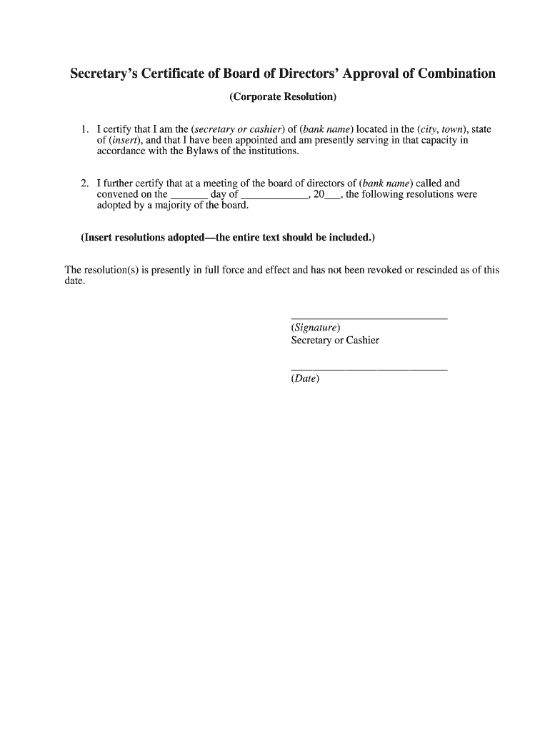 Secretary&#039;s Certificate of Board of Directors&#039; Approval of Combination Occ  Form