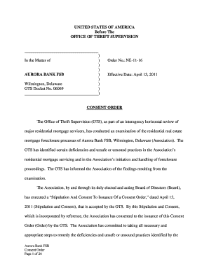 Consent Order, Aurora Bank FSB, Wilmington, Delaware, 06069, NE 11 16, April 13, Consent Order, Aurora Bank FSB, Wilmington, Del  Form