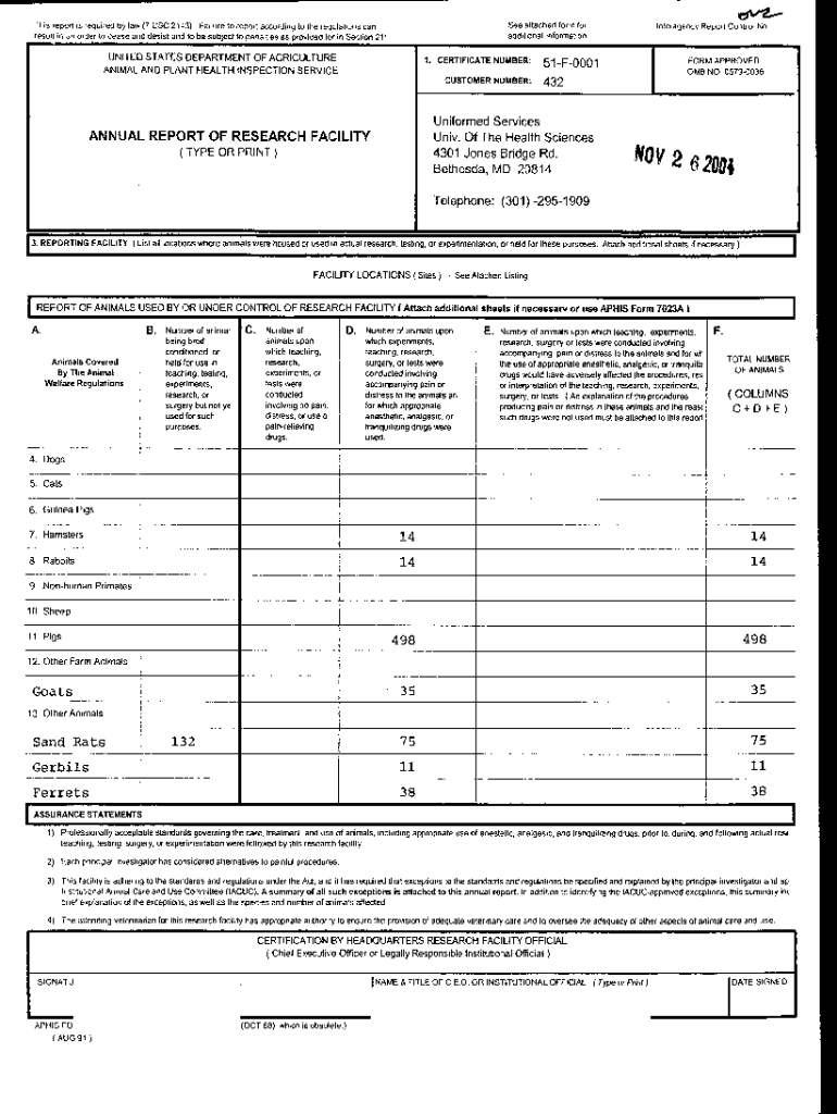 UNITED STATES DEPARTMENT of AGRICULTURE 51 F OOO 1 ANIMAL  Form