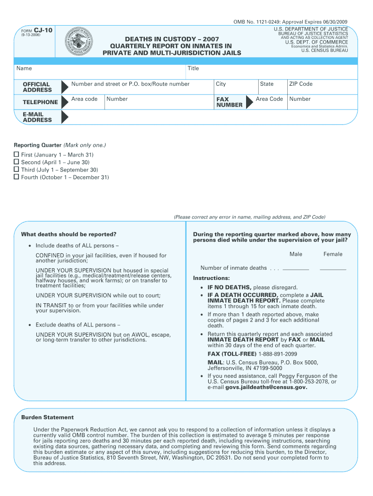 Deaths in Custody, Quarterly Report on Inmates in Private and Bjs Ojp Usdoj  Form