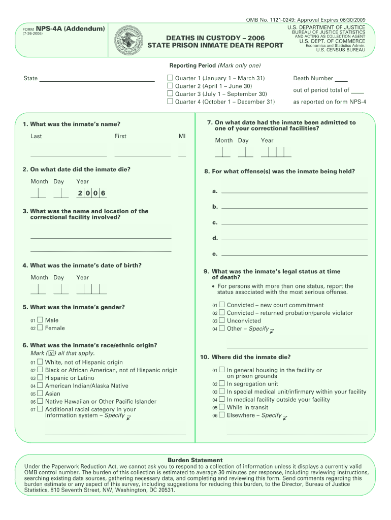 Deaths in Custody State Prison Inmate Death Report Corrections and Prisons  Form