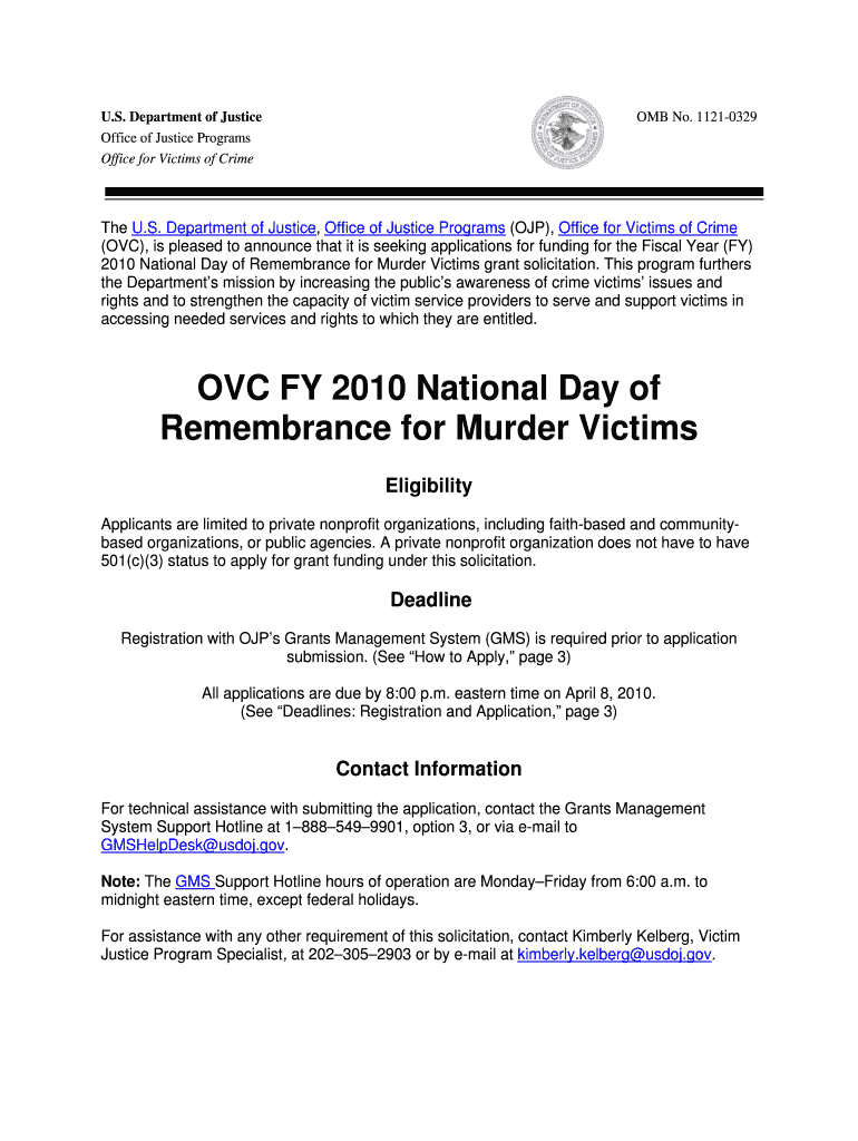 OVC FY National Day of Remembrance for Murder Victims Ojp Usdoj  Form