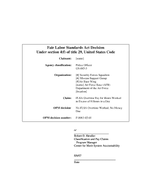 Fair Labor Standards Act Decision under Section 4f of Title 29, United States Code Claimant Agency Classification Organization C  Form