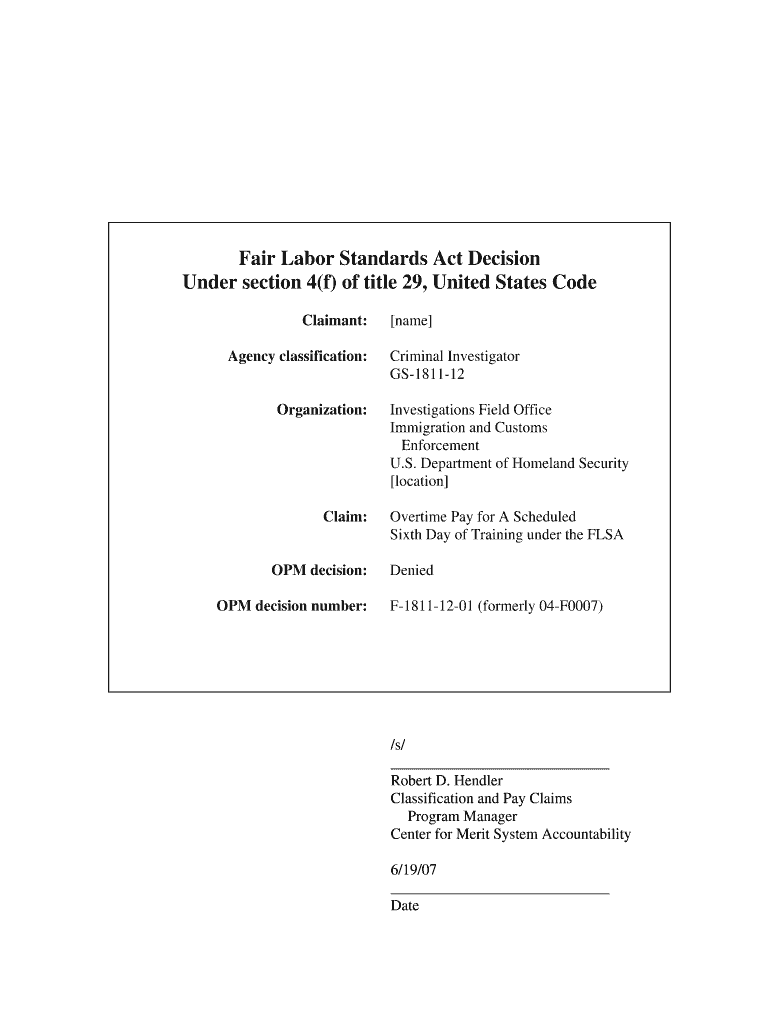 Fair Labor Standards Act Decision under Section 4f of Title 29, United States Code Claimant Agency Classification Organization C  Form