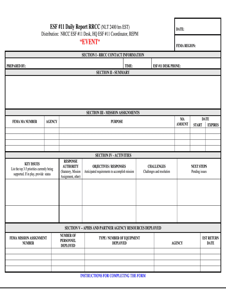 ESF #11 Daily Report RRCC NLT 2400 Hrs EST  Form