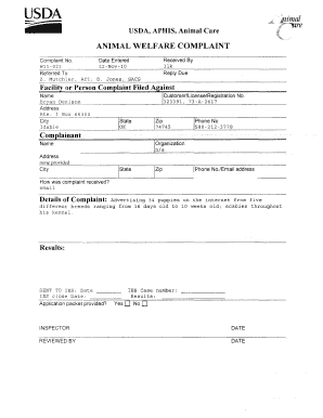 File an Animal Welfare Complaint USDA APHIS  Form