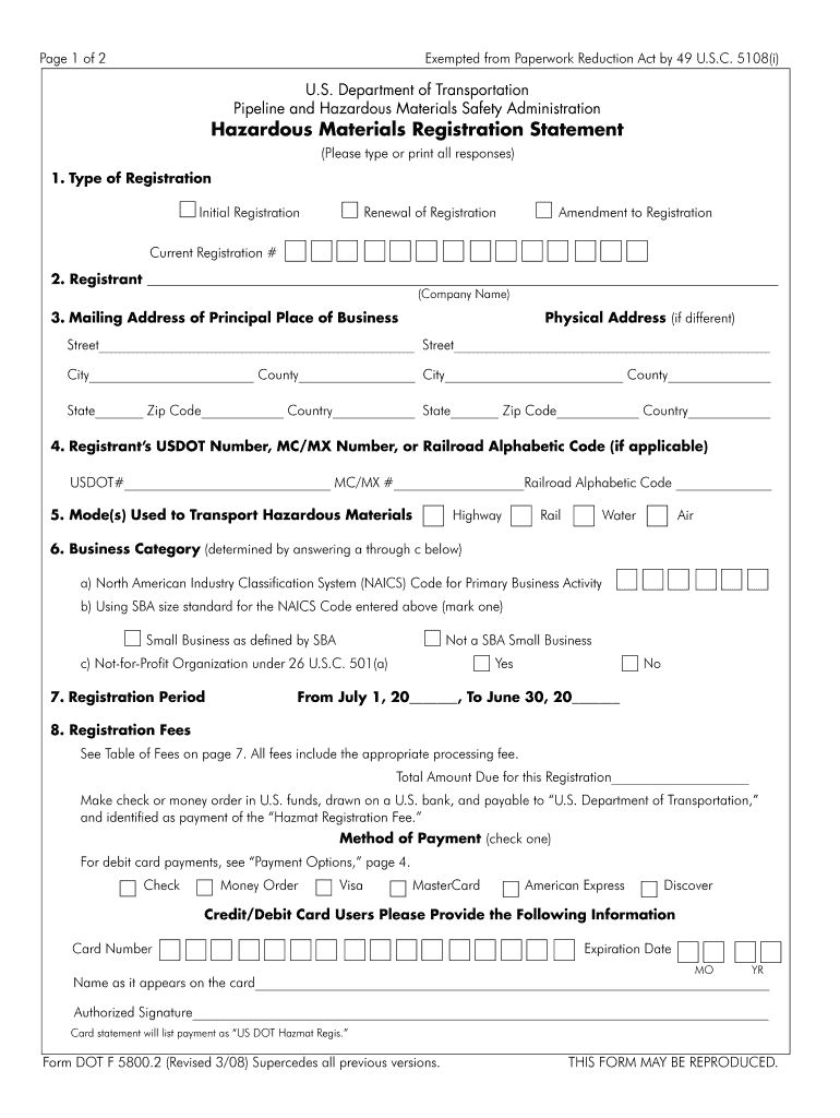 Registration Fee Table U S Department of Transportation Phmsa Dot  Form