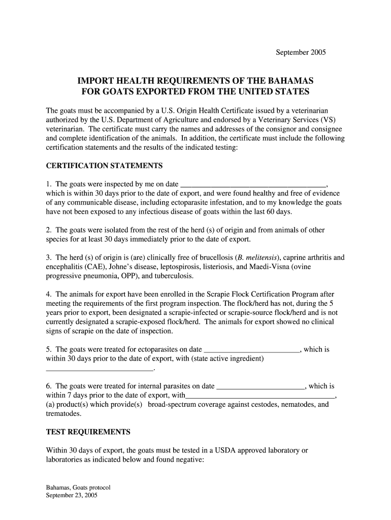Import Health Requirements of the Bahamas for Goats Exported from Aphis Usda  Form