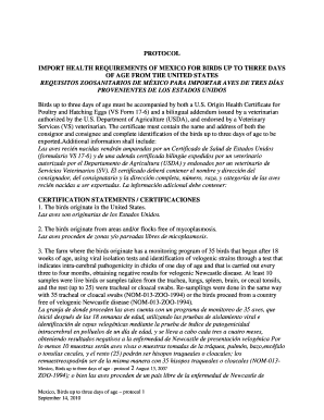 Mexico, Birds Up to Three Days of Age Protocol 1 APHIS US  Form