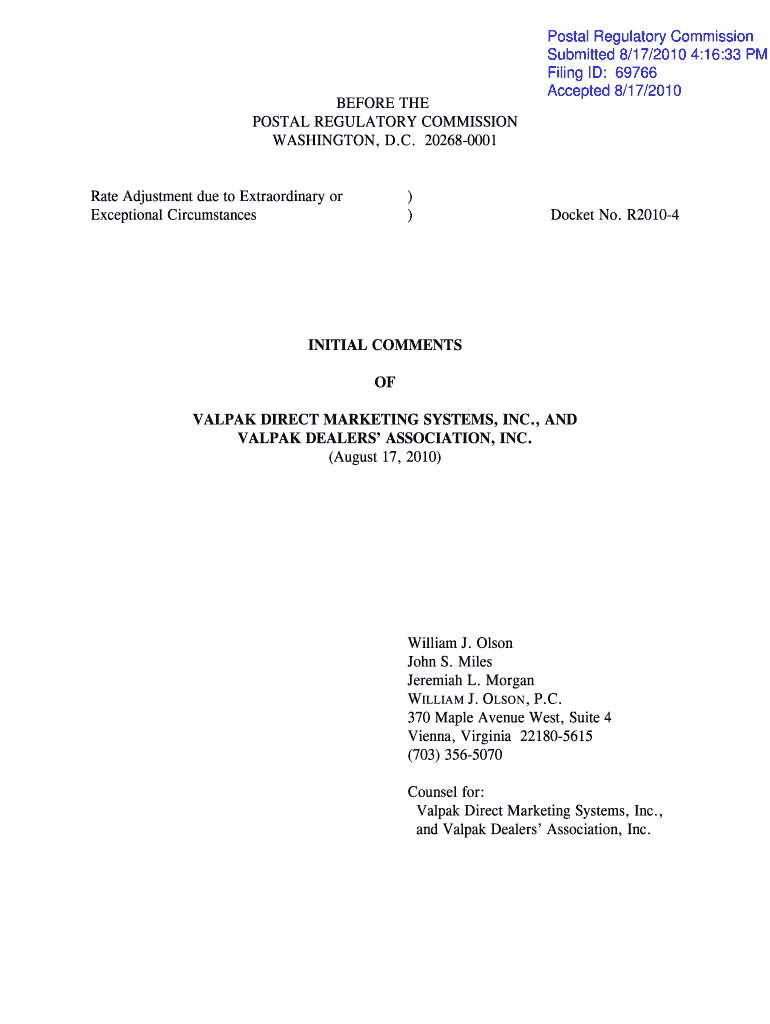 VP Initial Comments Final PDF Postal Regulatory Commission Prc  Form