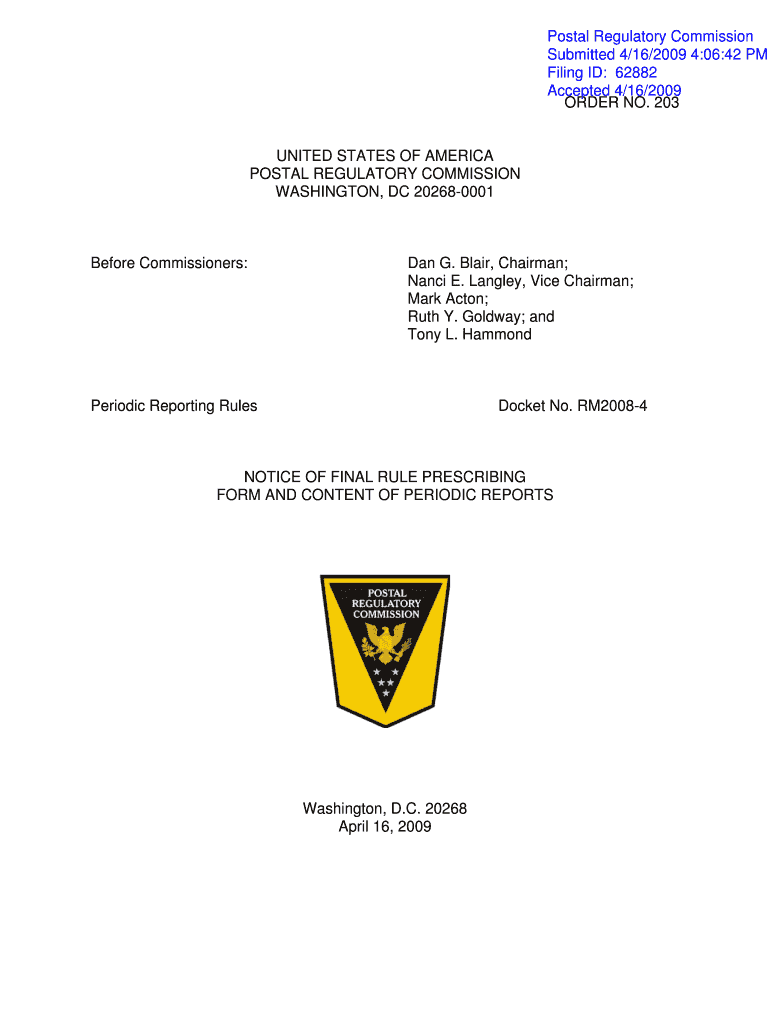 Postal Regulatory Commission Submitted 416 40642 PM Filing ID 62882 Accepted 416 ORDER NO Prc  Form