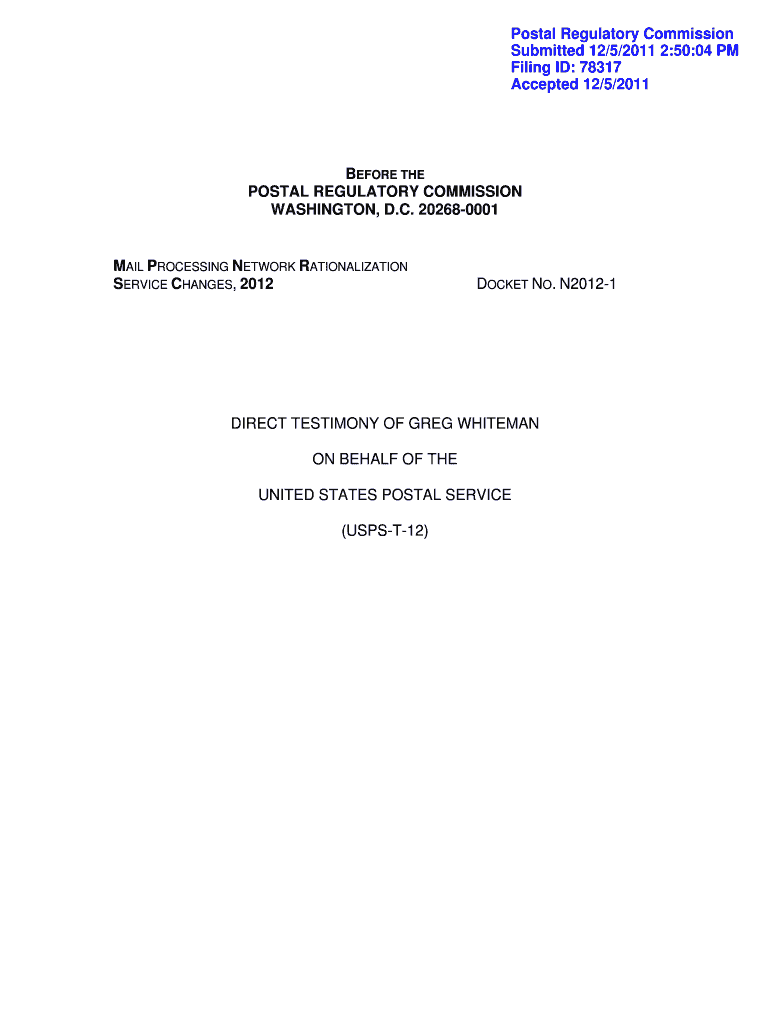 USPS T 12 U S Postal Regulatory Commission Prc  Form