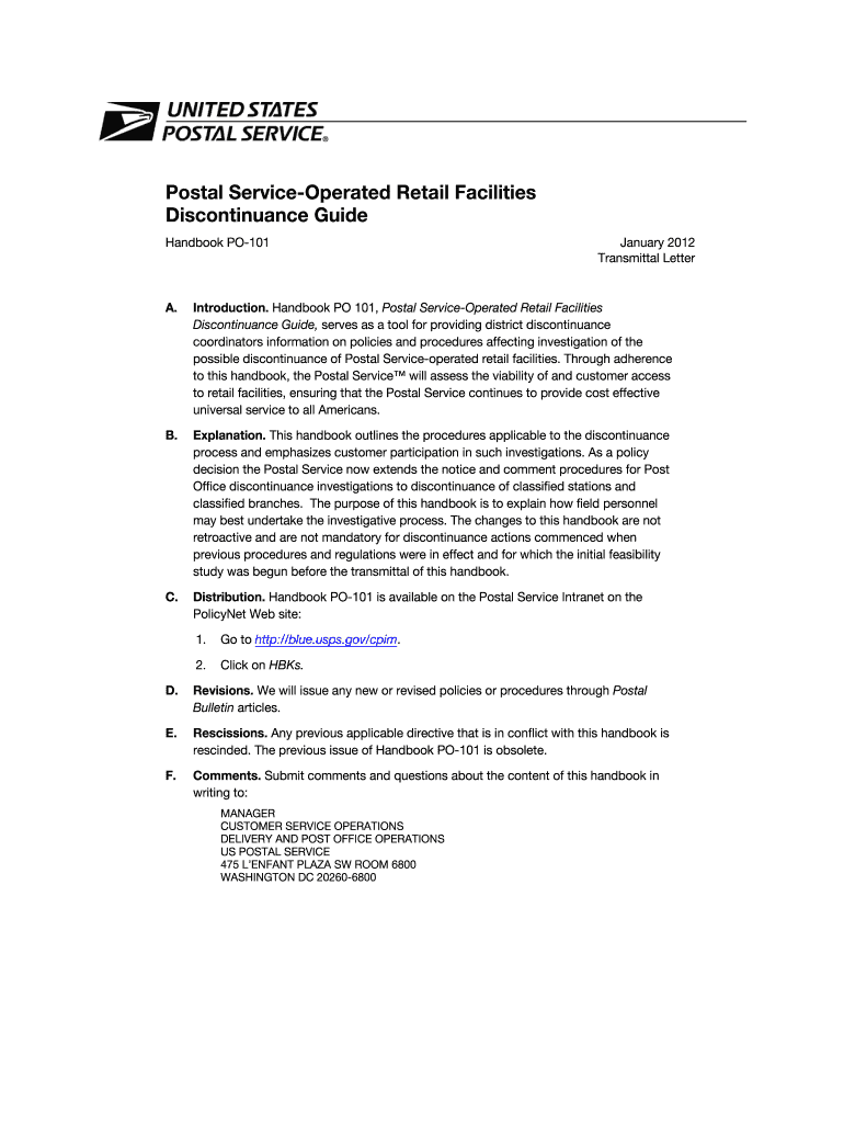Postal Service Operated Retail Facilities Discontinuance Guide Prc  Form