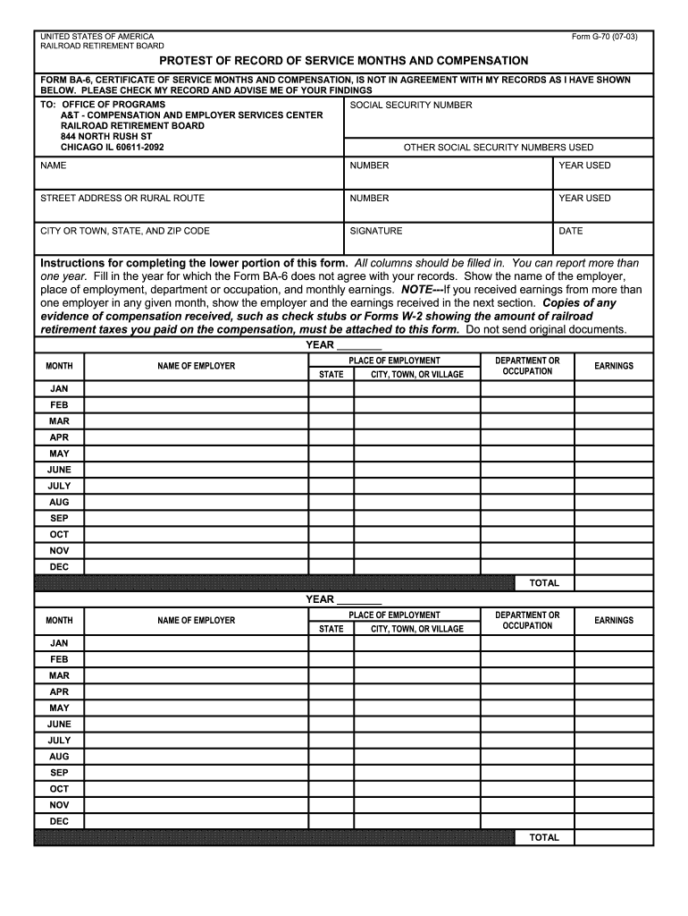  Railroad Retirement Board Form G 70 Fillable 2003