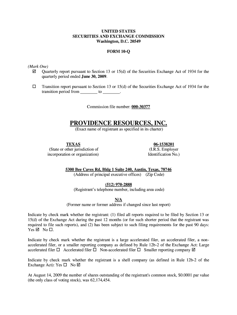 PROVIDENCE RESOURCES, INC Securities and Exchange Sec  Form