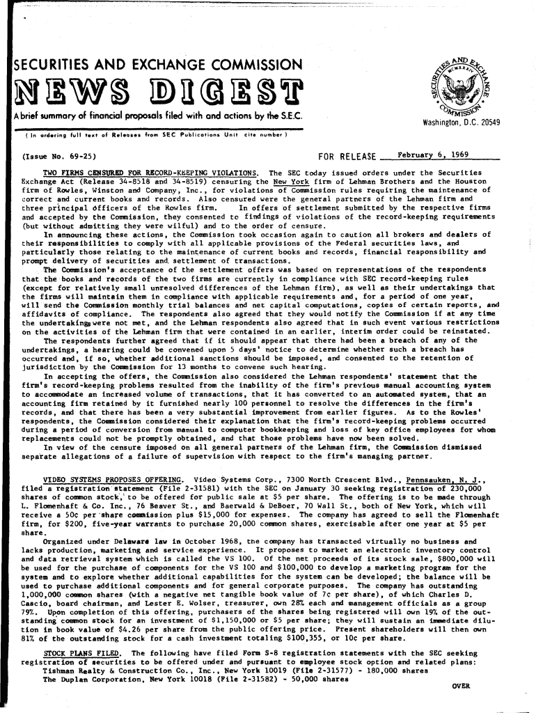 SEC News Digest, 02 06 1969 Securities and Exchange Sec  Form