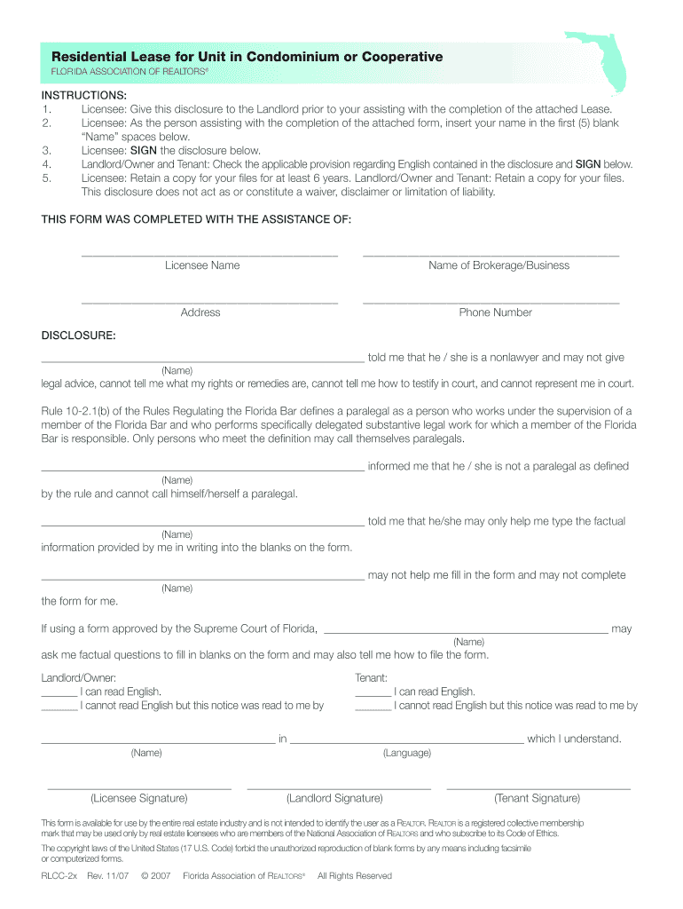 Florida Residential Lease Agreement Condo  Form