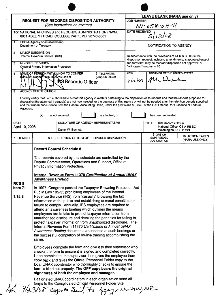 Deputy Commissioner Operation and Support, Office Privacy Act Information Protection, Form 11370 Archives