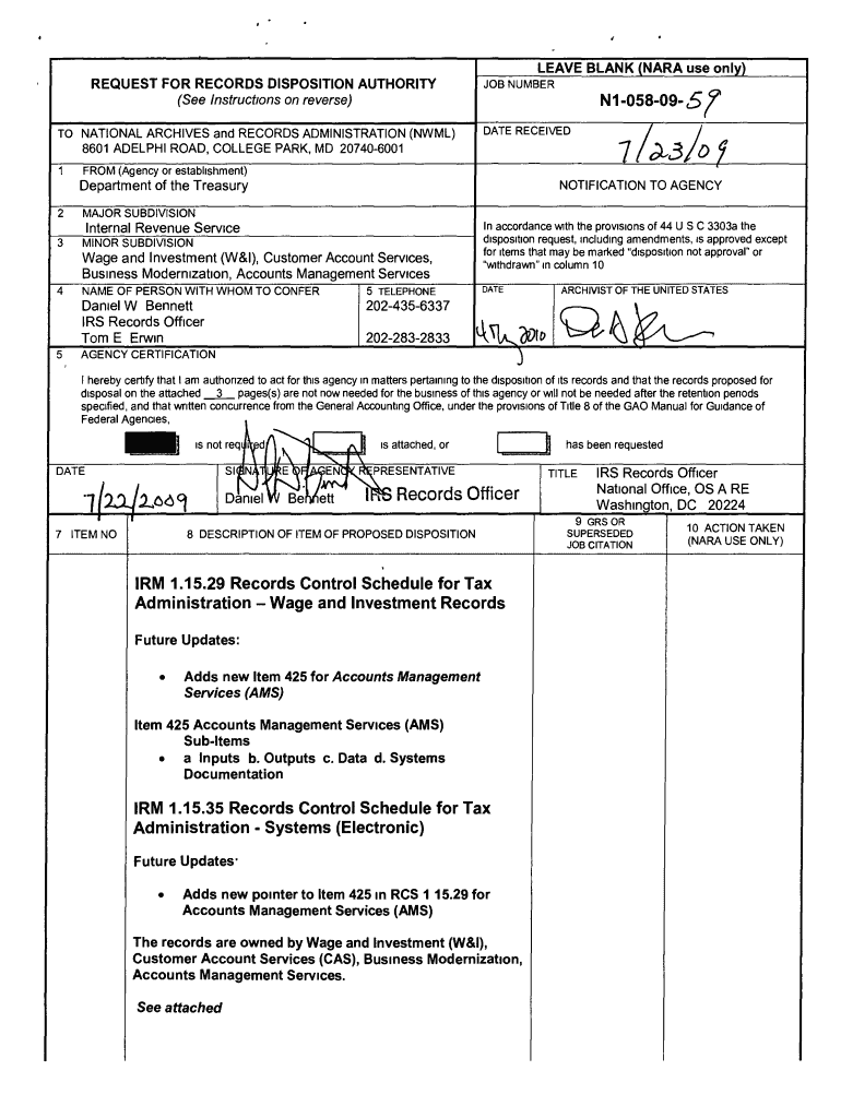 Records Control Schedule for Tax Administration Wage and Investment Records Archives  Form