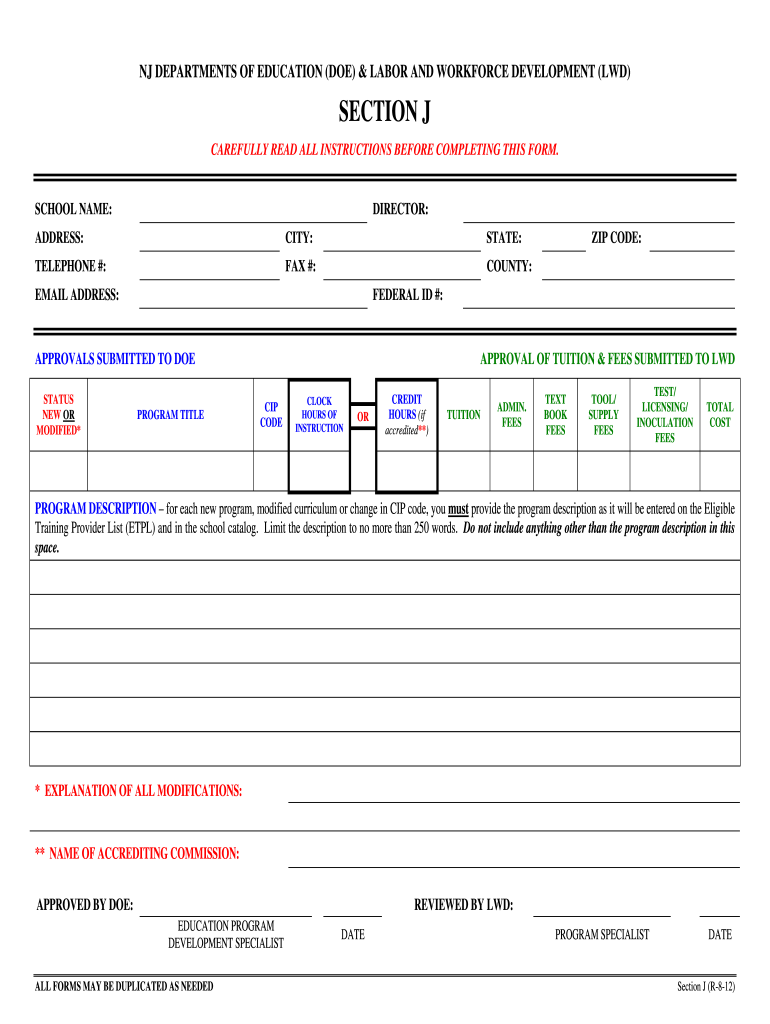 Please Read All Instructions Prior to Submitting Section J Forms