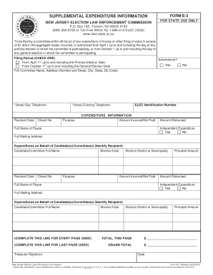 FORM E 3 SUPPLEMENTAL EXPENDITURE INFORMATION NEW JERSEY ELECTION LAW ENFORCEMENT COMMISSION for STATE USE ONLY P Elec State Nj