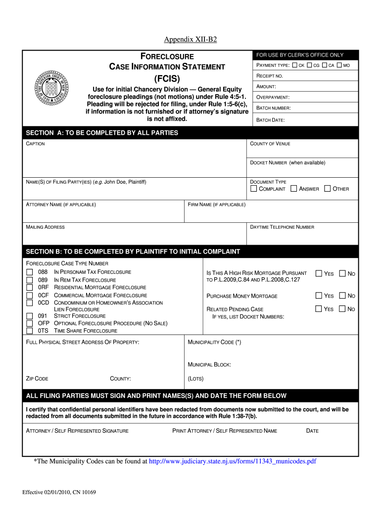  Foreclosure Case Information Statement 2010-2024