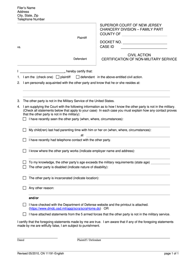  Affidavit of Non Military Service Nj 2010